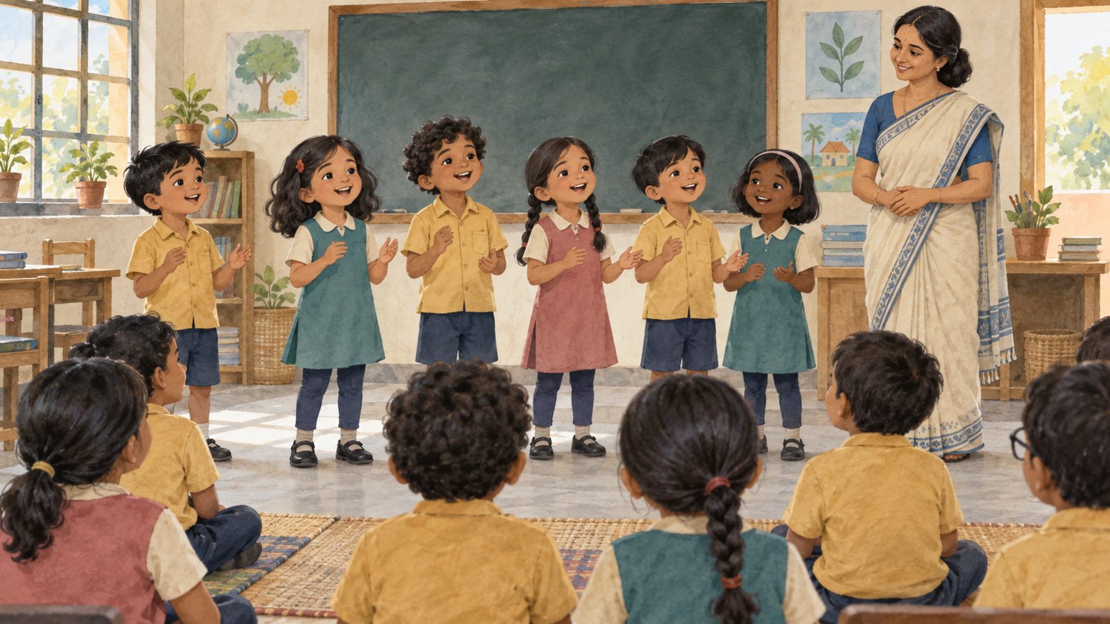 Painted illustration from Leela's Quiet Voice: children sing in front of their class while their teacher smiles